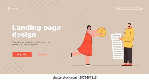 Man and woman going shopping vector illustration. Male character holding shopping list, female giving money to him. Holding dollar coin. Shopping concept for banner, website design or landing web page