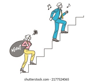 Man and woman going up the stairs. Concept of gender inequality, housework and childcare burden [Vector illustration].