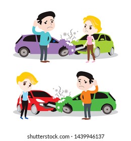 man and woman got car accident. vector illustration isolated cartoon hand drawn. fill bad danger