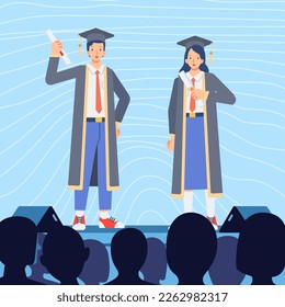 Man and woman graduate students standing together on stage and audience silhouette Flat style vector illustration