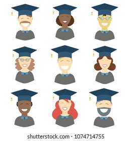 Man and woman graduates in gown and hat. Graduation girl and guy faces icon set collection in flat style. Different races students of the world portraits or avatars.