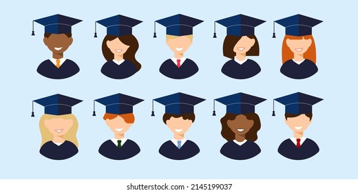 Man and woman graduates in gown and hat. Graduation girl and guy education icon set collection in flat style. Different races students of the world portraits multinational union concept.