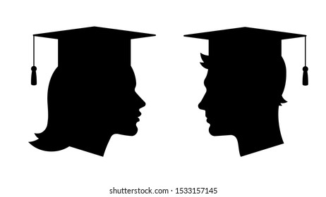 Man and woman in graduation cap. Graduates. Education. Vector silhouette.