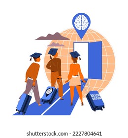 Man and Woman in Graduation Cap with Suitcase Leaving Place of Residence as Mass Emigration Vector Illustration