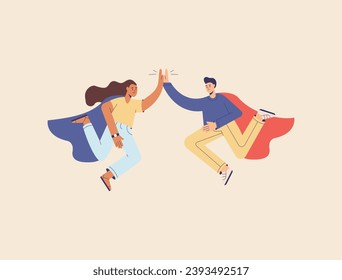 Man and woman greeting each other with high five. Superhero conceptual illustration. Friends flat vector illustration.