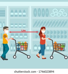A man and a woman in a grocery store in a medical protective mask against a virus, social distance between them, color vector illustration in a flat style, design, decoration