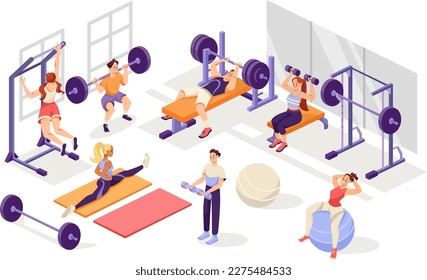 Man and Woman at Gym Doing Sport Training and Workout Vector Illustration