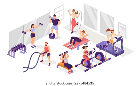 Hombre y mujer en Gym haciendo entrenamiento deportivo e iluminación de vectores de entrenamiento