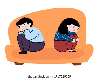 A man and a woman had a fight. A man and a woman sit on the sofa in resentment. Family problem. Isolated vector illustration on a white background.