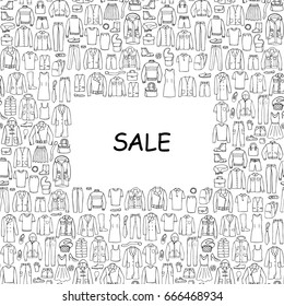 Man and woman hand drawn clothes sale card on white background. Mock up for fliers, posters, banners with place for text.