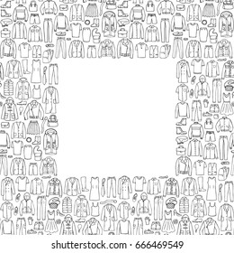 Man and woman hand drawn clothes frame. Mock up for fliers, posters, banners with place for text.