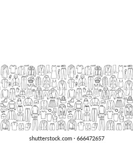 Man and woman hand drawn clothes seamless horison border. Mock up for fliers, posters, banners with place for text.