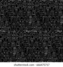 Man and woman hand drawn clothes, Black Friday, seamless pattern on black background.