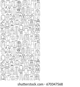 Man and woman hand drawn clothes vertical border. Mock up for fliers, posters, banners with place for text.