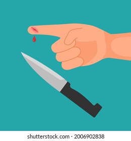 Man or woman hand finger bleed from kitchen knife cut in flat design. Wound on finger.