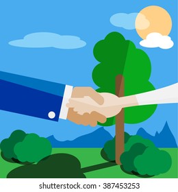 Man and woman hand to hand flat vector illustration.