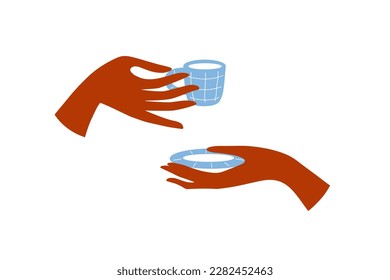 Man or woman hand holding ceramic cup of drink. Vintage coffee cup. Tea time, morning beverage. Blue mug with white stripes and striped saucer. Breakfast  in cafe or home. Isolated vector illustration