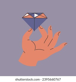 Man or woman hand holding diamond. Isolated icon of arm with precious stone with facets and shining. Luxurious and expensive present or gift, jewelry stone or shop. Vector in flat style illustration