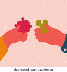 Man and woman hand with puzzle. Male and female couple hold small piece of puzzle in their fingers, pointing towards each other. Idea concept of helathy relationships. Vector flat illustration