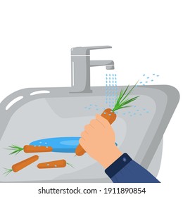 a man or woman hand of washes x carrots under the water tap. The concept of washing vegetables and fruits before eating. Cleanliness and hygiene concept. Vector 