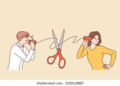 Man and woman with handmade cups hearing device suffer from bad communication. Scissors cut thread connecting couple talking. Vector illustration. 