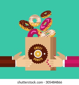 Man and woman hands carrying paper pack with chocolate, white and pink sweet donuts. Vector food flat illustration. Abstract concept for cafe, restaurant, breakfast menu, desserts, bakery.  