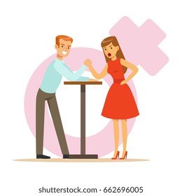Man and woman with hands clasped arm wrestling, girlfriend confronts her boyfriend colorful characters vector Illustration