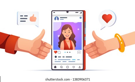 Man and woman hands giving thumb up gesture like & love heart to social network blog photo post of beautiful smiling woman on phone app. Positive feedback & approval concept. Flat vector illustration