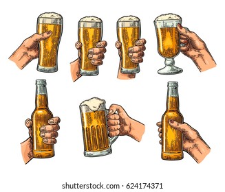 Man and woman hands holding beer glass and open beer bottle. Vintage vector color engraving illustration for web, poster, invitation to party. Isolated on white background.