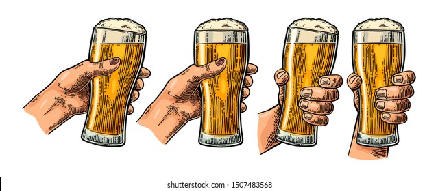 Man and woman hands holding and clinking with beer glass. Vintage vector color engraving illustration for web, poster, invitation to party. Isolated on white background.