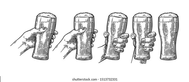 Man and woman hands holding and clinking beer glass. Vintage vector black engraving illustration for web, poster, invitation to party. Isolated on white background.