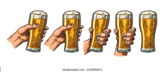 Man and woman hands holding and clinking with beer glass. Vintage vector color engraving illustration for web, poster, invitation to party. Isolated on white background.