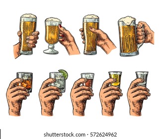 Man and woman hands holding and clinking glass with beer, tequila, vodka, rum, gin, whiskey. Vintage color vector engraving illustration for poster, invitation to party. Isolated on dark background