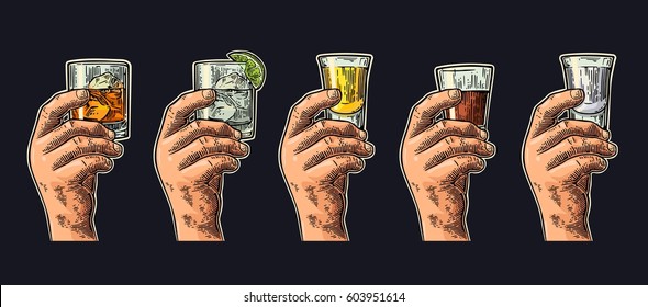 Man and woman hands holding and clinking glass with tequila, vodka, rum, gin, whiskey. Vintage color vector engraving illustration for poster, invitation to party. Isolated on dark background