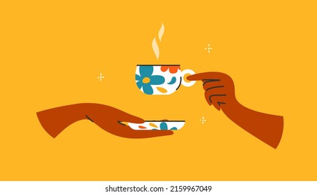 Man or woman hands holding floral ceramic cup hot drink. Tea time, morning beverage, coffee break. Flower pattern mug, cup and saucer. Elegant breakfast. Isolated vector illustration yellow background