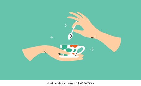 Man or woman hands holding floral ceramic cup and spoon. Coffee break time, English five o'clock tea. Hot drink in flower pattern mug. Elegant hand holding teaspoon. Isolated art vector illustration