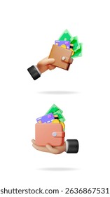 Man and woman hands holding full wallets with money, credit cards, and coins. Financial saving concept with wealth and prosperity.
