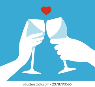 Manos de hombre y mujer sujetando con el corazón un vaso de alcohol. El concepto de celebración alentadora. Elemento para tarjeta de saludo, invitación, diseño de menú de bebidas. Ilustración vectorial minimalista.