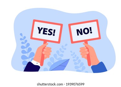 Man and woman hands holding yes and no placards signs voting. People making correct choice flat vector illustration. Survey, voting concept for banner, website design or landing web page