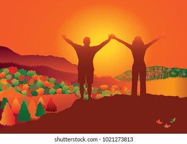 Man and woman with hands up  on the top of mountain. Autumn scenery. Vector illustration. Blue Ridge Mountains, North Carolina, USA.
