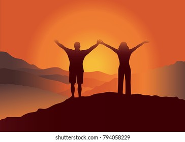 Man and woman with hands up  on the top of mountain. Vector illustration. Blue Ridge Mountains, North Carolina, USA.