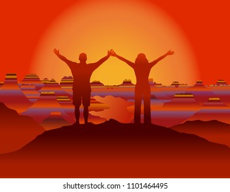 Man and woman with hands up  standing on the top of mountain at sunset looking at beautiful landscape. Vector and raster format of illustration available. Grand Canyon National Park, Arizona,USA