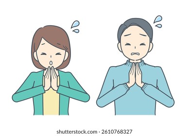 A man and woman with hands together in an apologetic gesture, expressing regret or asking for forgiveness.