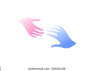 Man and woman hands, vector logo template. Pink and blue hand. Hope or parting. Care symbol. 