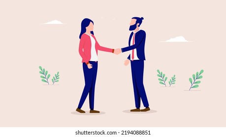 Man and woman handshake - Businessman and businesswoman shaking hands in business deal and agreement. Flat design vector illustration