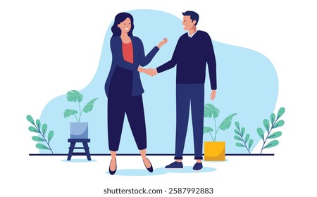 Man and woman handshake - Two businesspeople male and female shaking hands over deal and business agreements forming partnership for company. Flat design vector illustration on white background