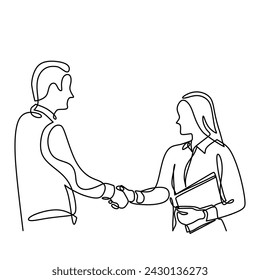 Man and woman handshaking in continuous one line art drawing. Business job career vector illustration editable stroke.