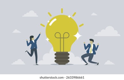 Man and woman happy cause they got an idea, plan, or hint. Happy business man and women having an idea. vector business presentation illustration.