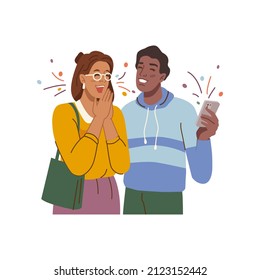 Hombre y mujer contentos de escuchar buenas noticias por teléfono. Vectores aislados celebrando cambios positivos, victoria y éxito. Logro de los objetivos y realización de las tareas. Dibujo plano