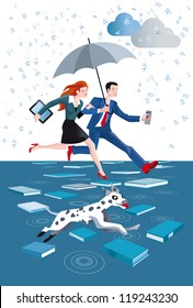 A man and a woman are happy and joyful with an umbrella under a rain of letters. They walk about books that unfold at his feet. There is also a dog running.